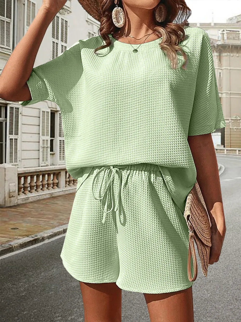 Waffle-Knit Half Sleeve Top and Shorts Set - Korvel