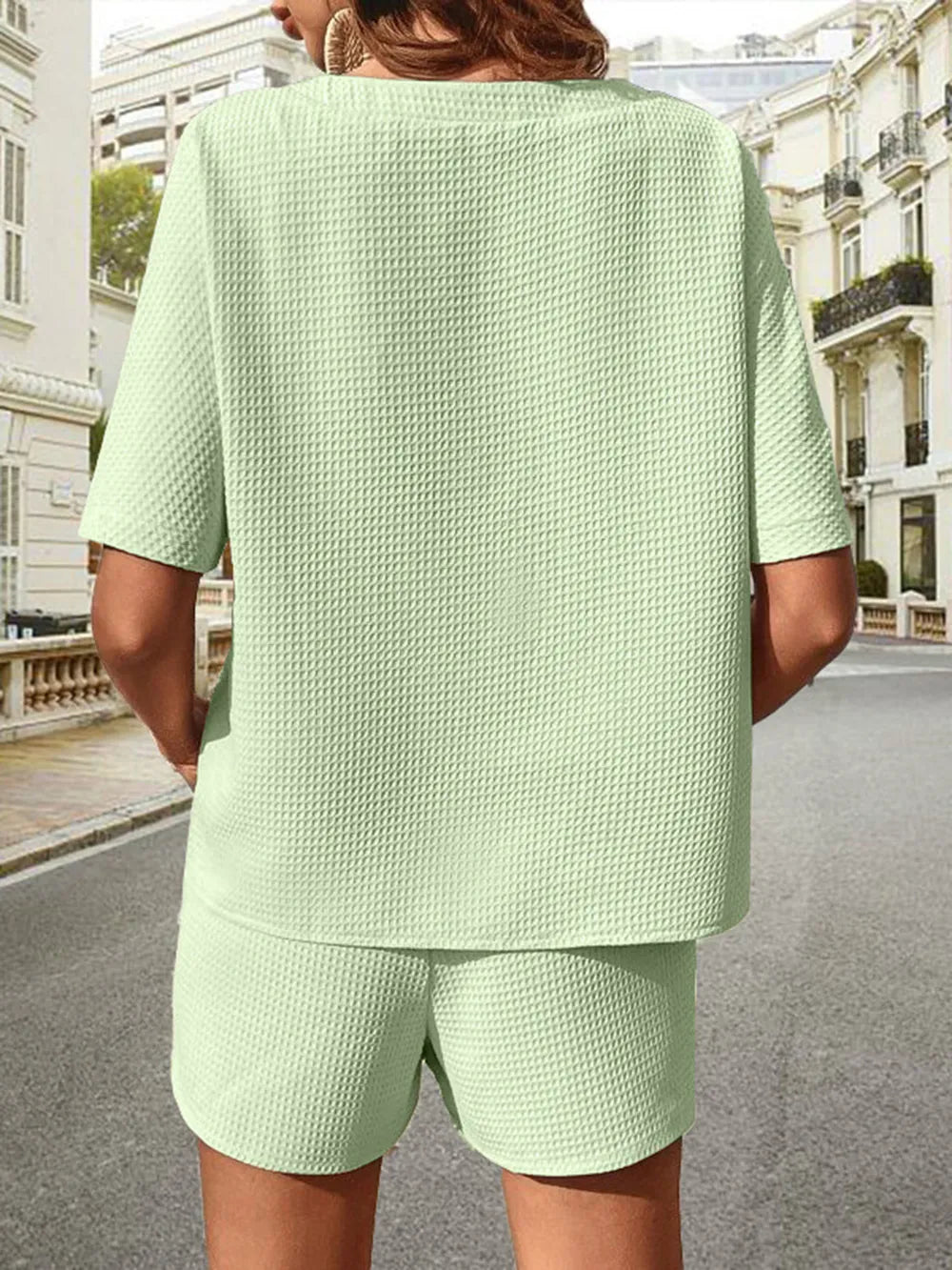 Waffle-Knit Half Sleeve Top and Shorts Set - Korvel