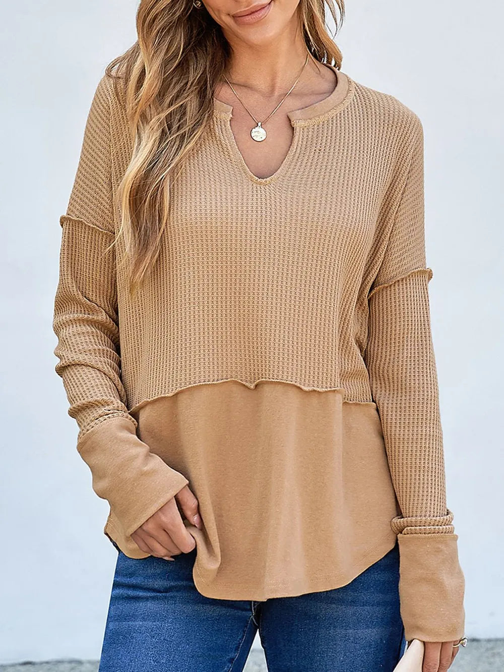 Waffle-Knit Notched Long Sleeve T-Shirt - Korvel