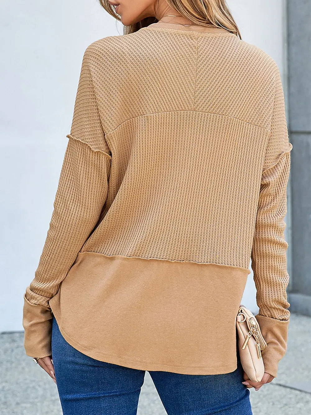 Waffle-Knit Notched Long Sleeve T-Shirt - Korvel