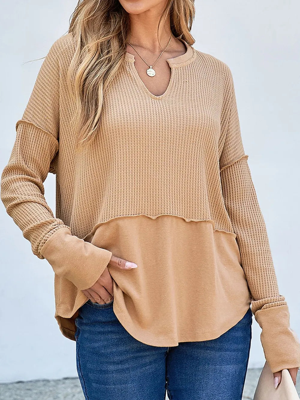 Waffle-Knit Notched Long Sleeve T-Shirt - Korvel