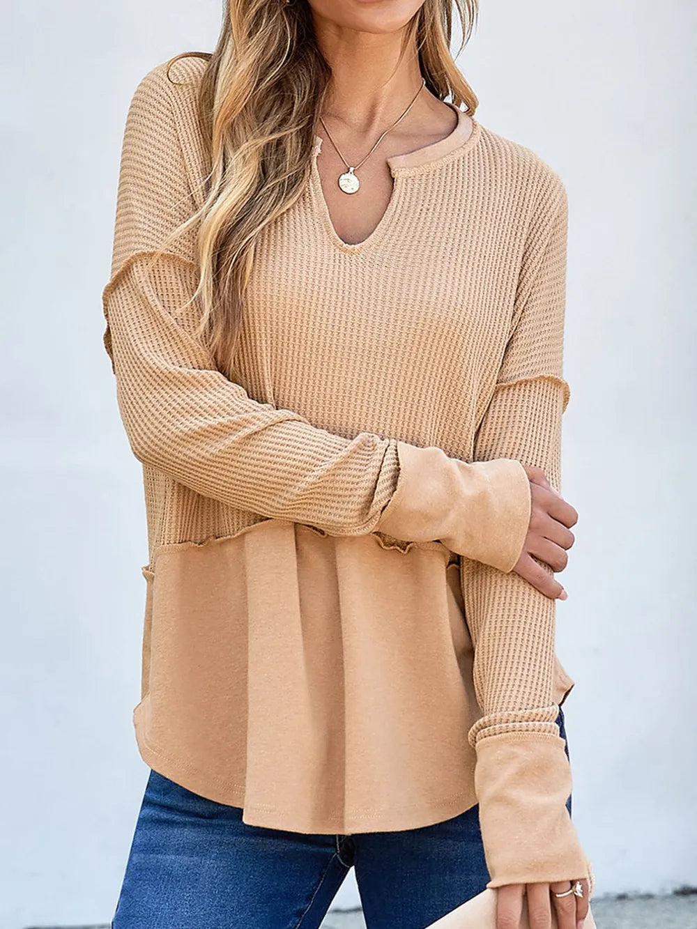 Waffle-Knit Notched Long Sleeve T-Shirt - Korvel