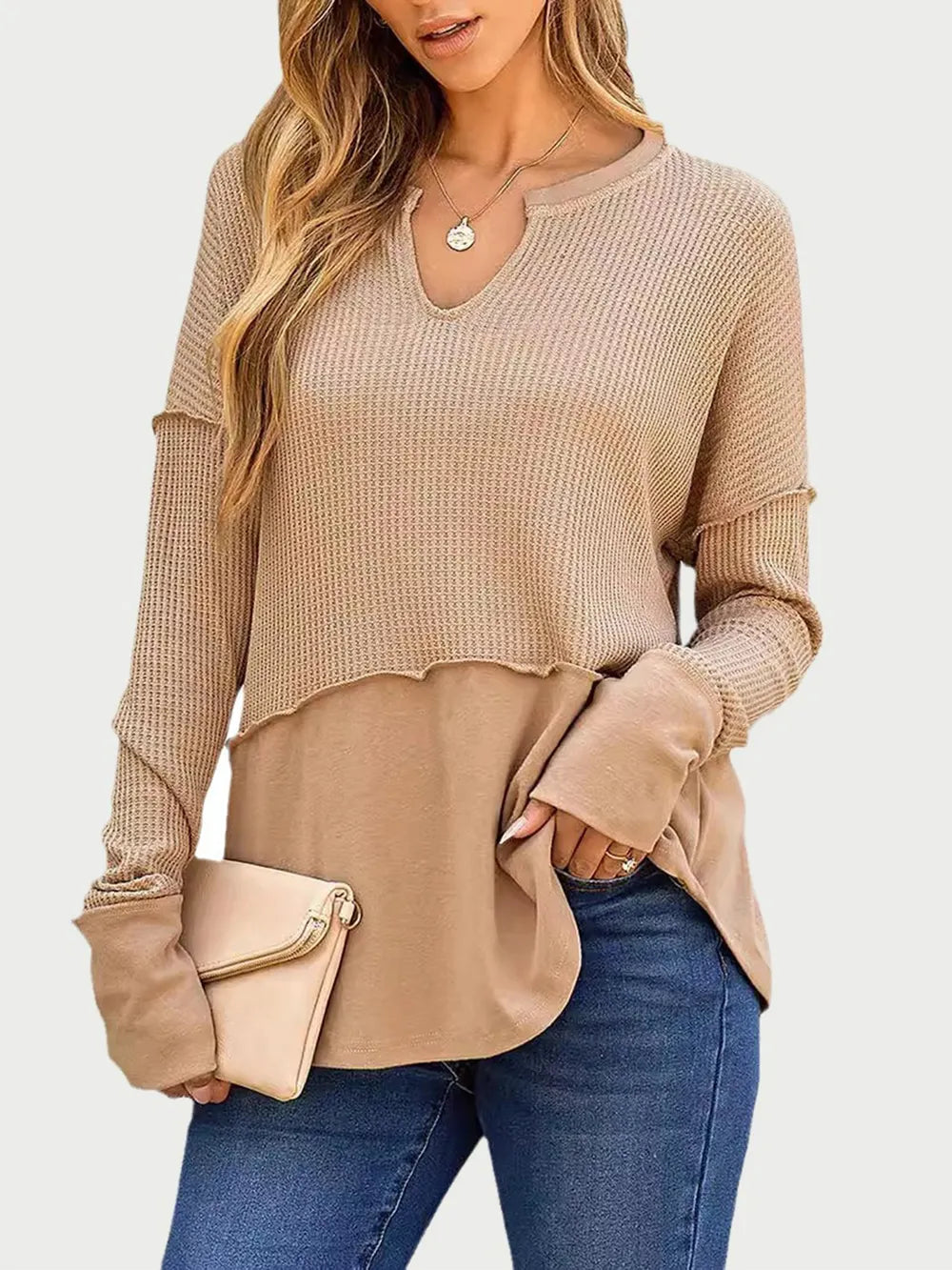 Waffle-Knit Notched Long Sleeve T-Shirt - Korvel