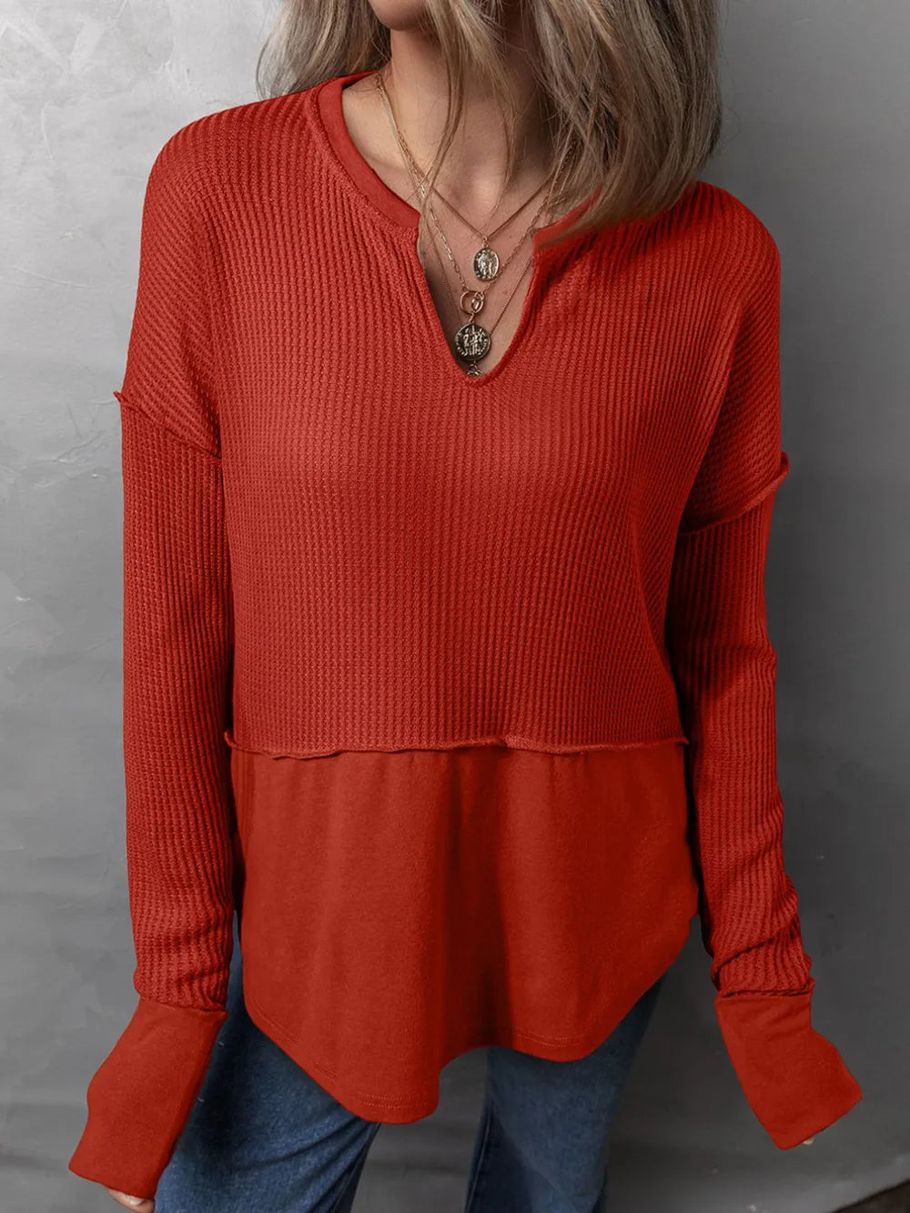 Waffle-Knit Notched Long Sleeve T-Shirt - Korvel