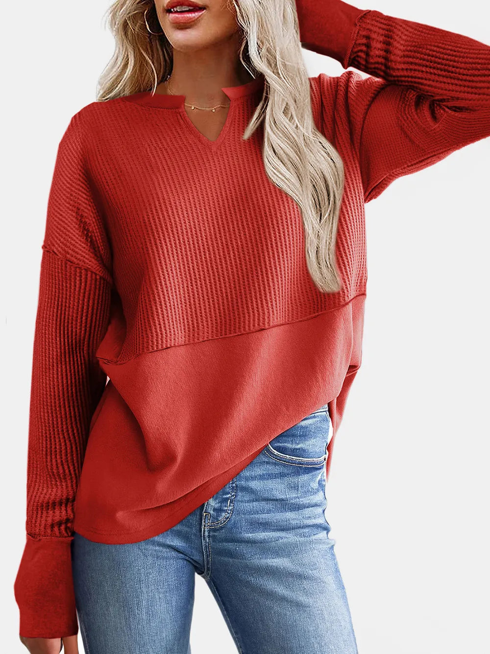 Waffle-Knit Notched Long Sleeve T-Shirt - Korvel