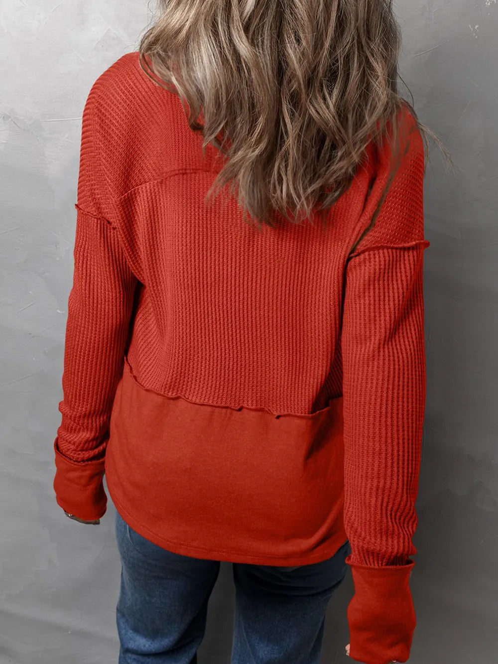 Waffle-Knit Notched Long Sleeve T-Shirt - Korvel