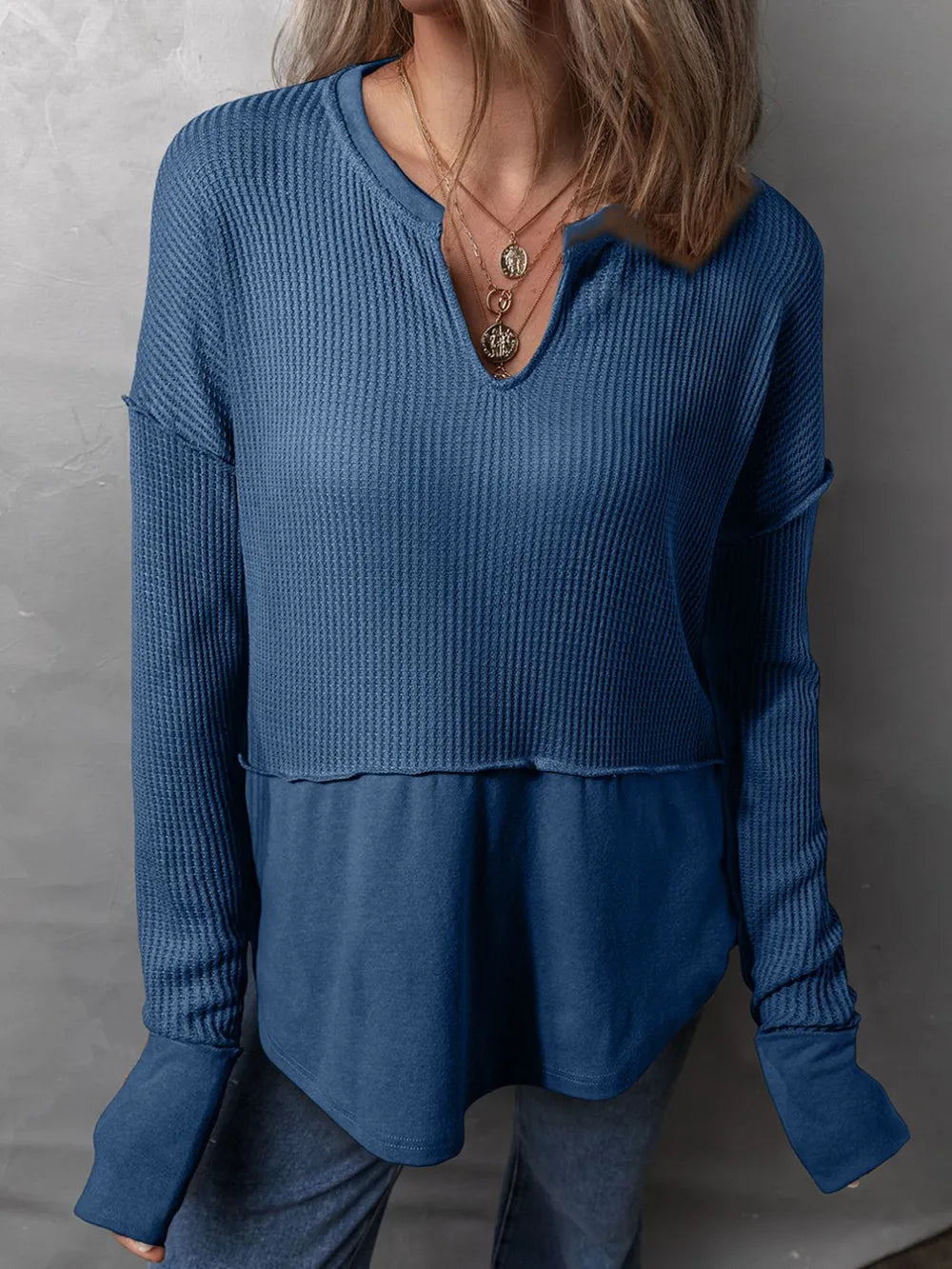 Waffle-Knit Notched Long Sleeve T-Shirt - Korvel