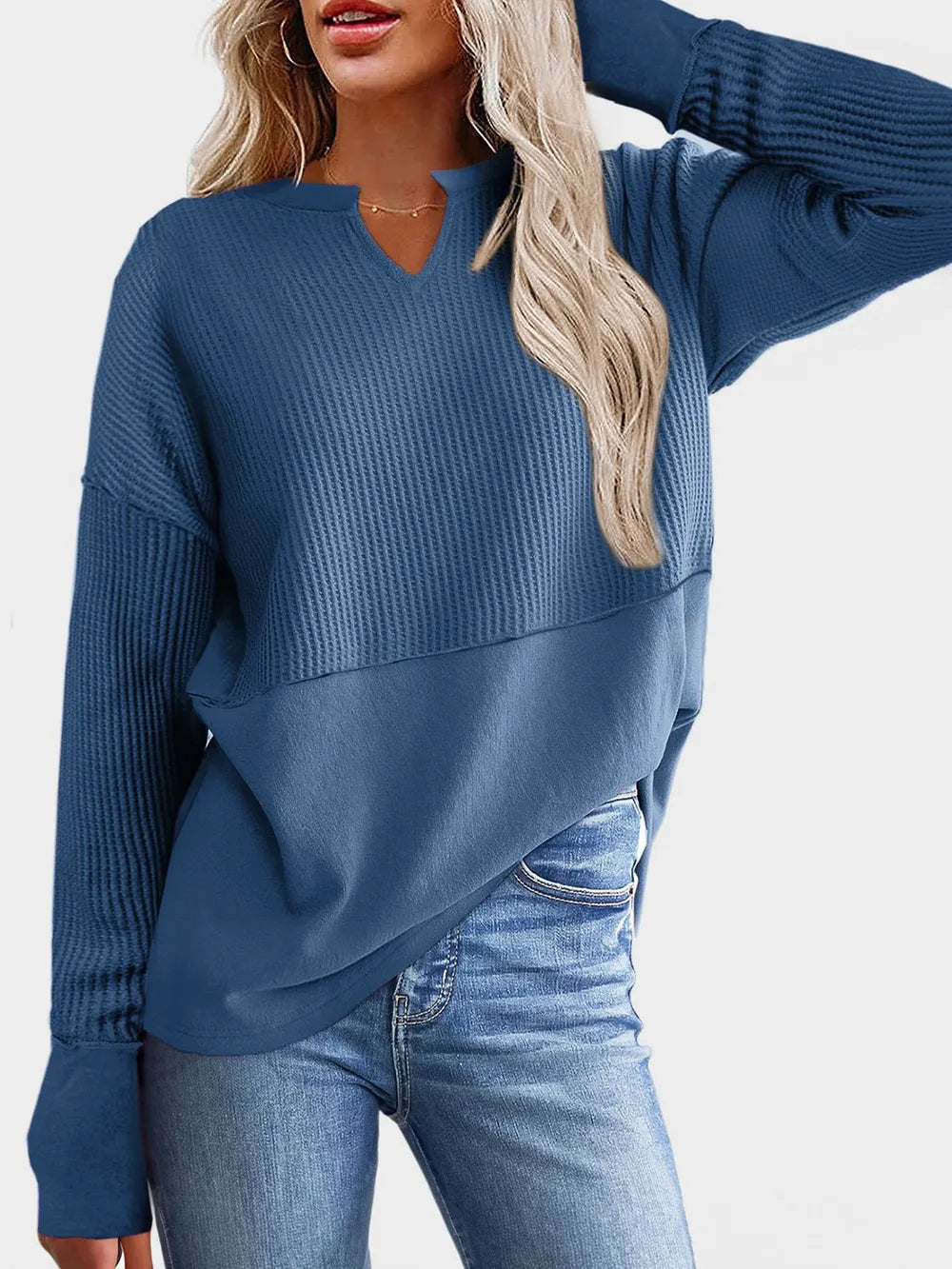 Waffle-Knit Notched Long Sleeve T-Shirt - Korvel