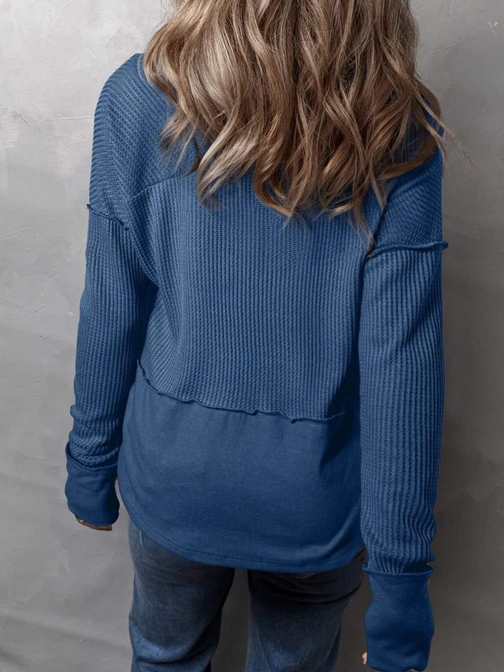 Waffle-Knit Notched Long Sleeve T-Shirt - Korvel