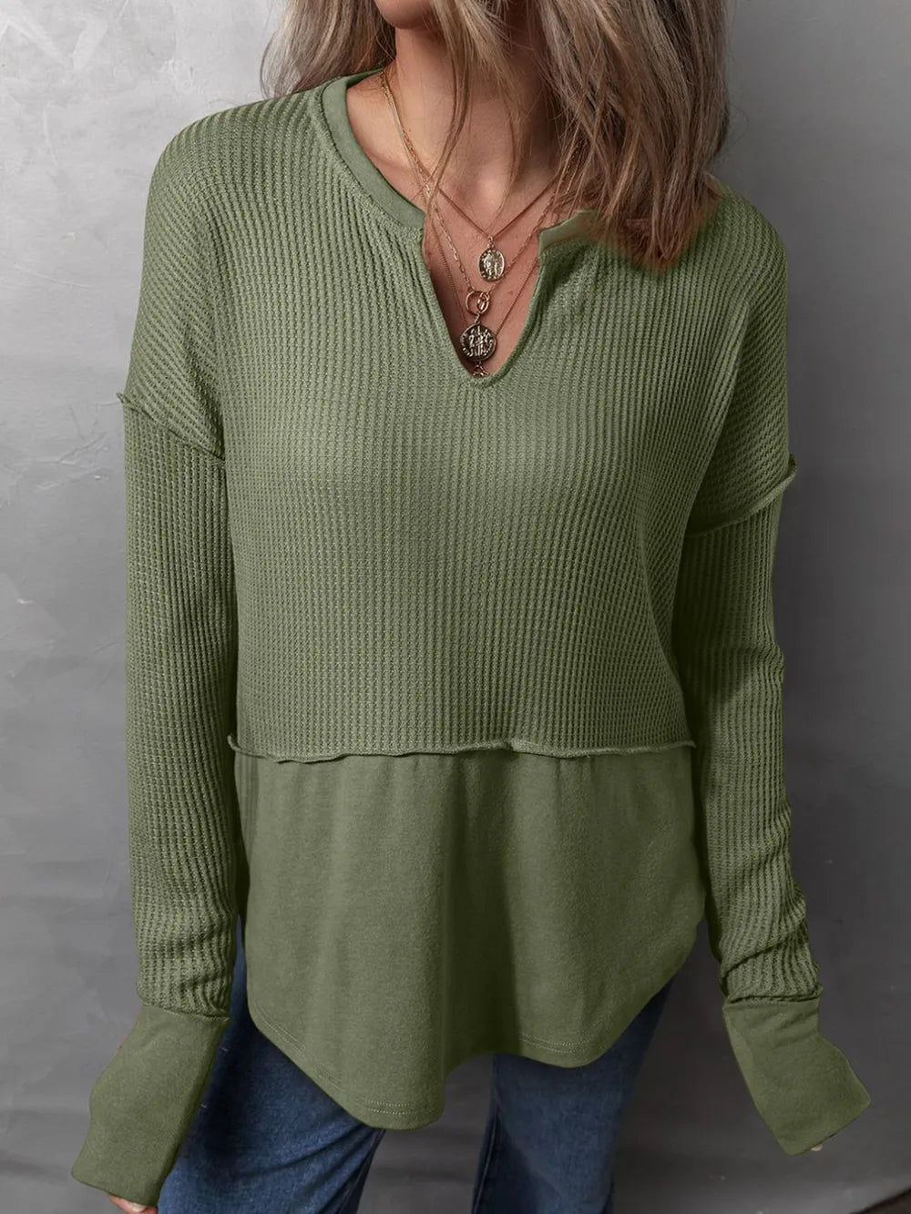 Waffle-Knit Notched Long Sleeve T-Shirt - Korvel