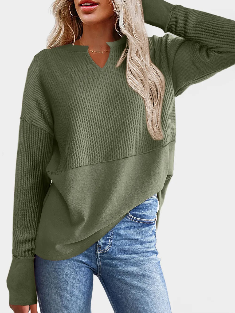 Waffle-Knit Notched Long Sleeve T-Shirt - Korvel