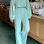 Waffle-Knit Round Neck Top and Pants Set
