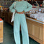 Waffle-Knit Round Neck Top and Pants Set