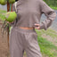 Waffle-Knit Round Neck Top and Pants Set