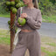 Waffle-Knit Round Neck Top and Pants Set