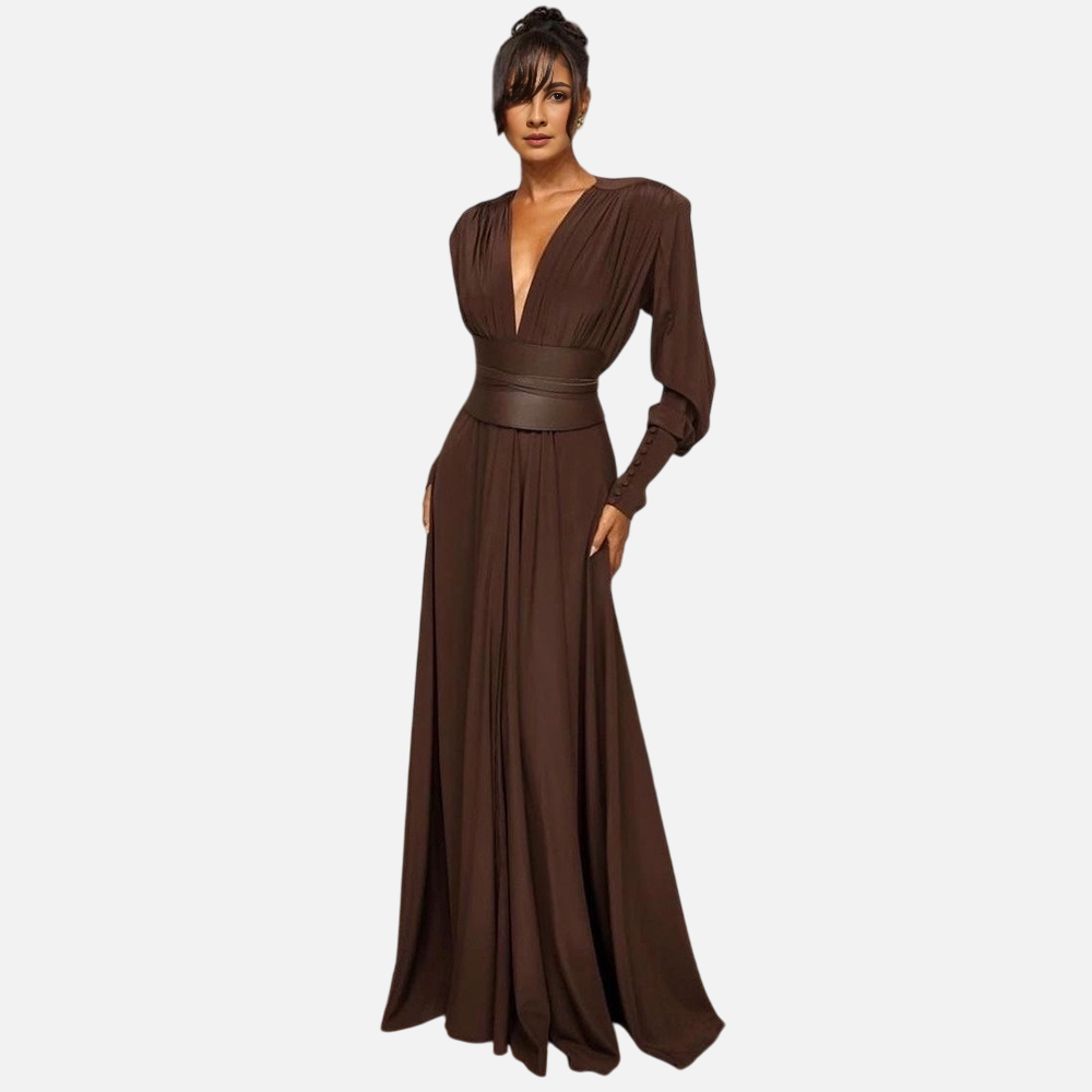 Waist closure pleated French dress in coffee color with V-neck and long sleeves - Korvel