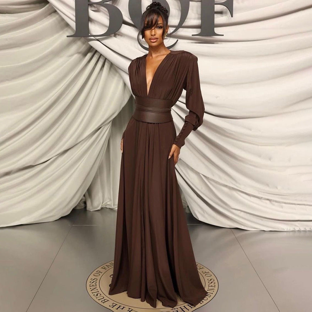 Waist closure pleated French dress in coffee color with V-neck and long sleeves - Korvel
