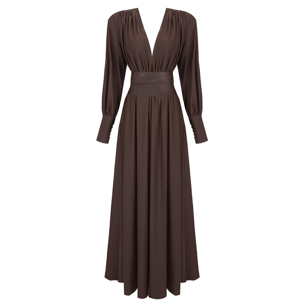Waist closure pleated French dress in coffee color with V-neck and long sleeves - Korvel