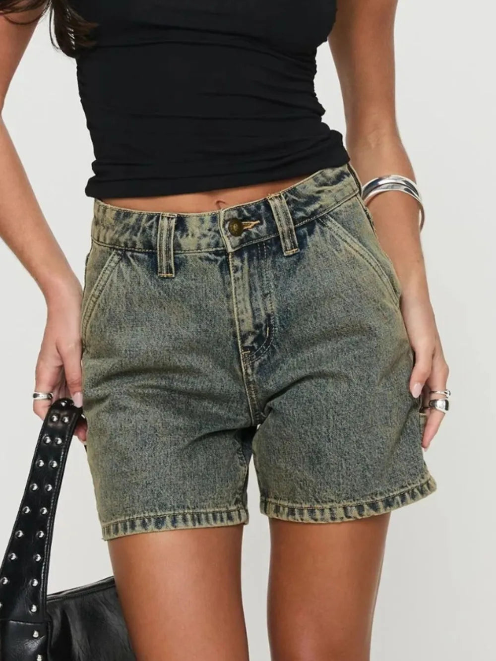 Washed High Rise Denim Shorts - Korvel