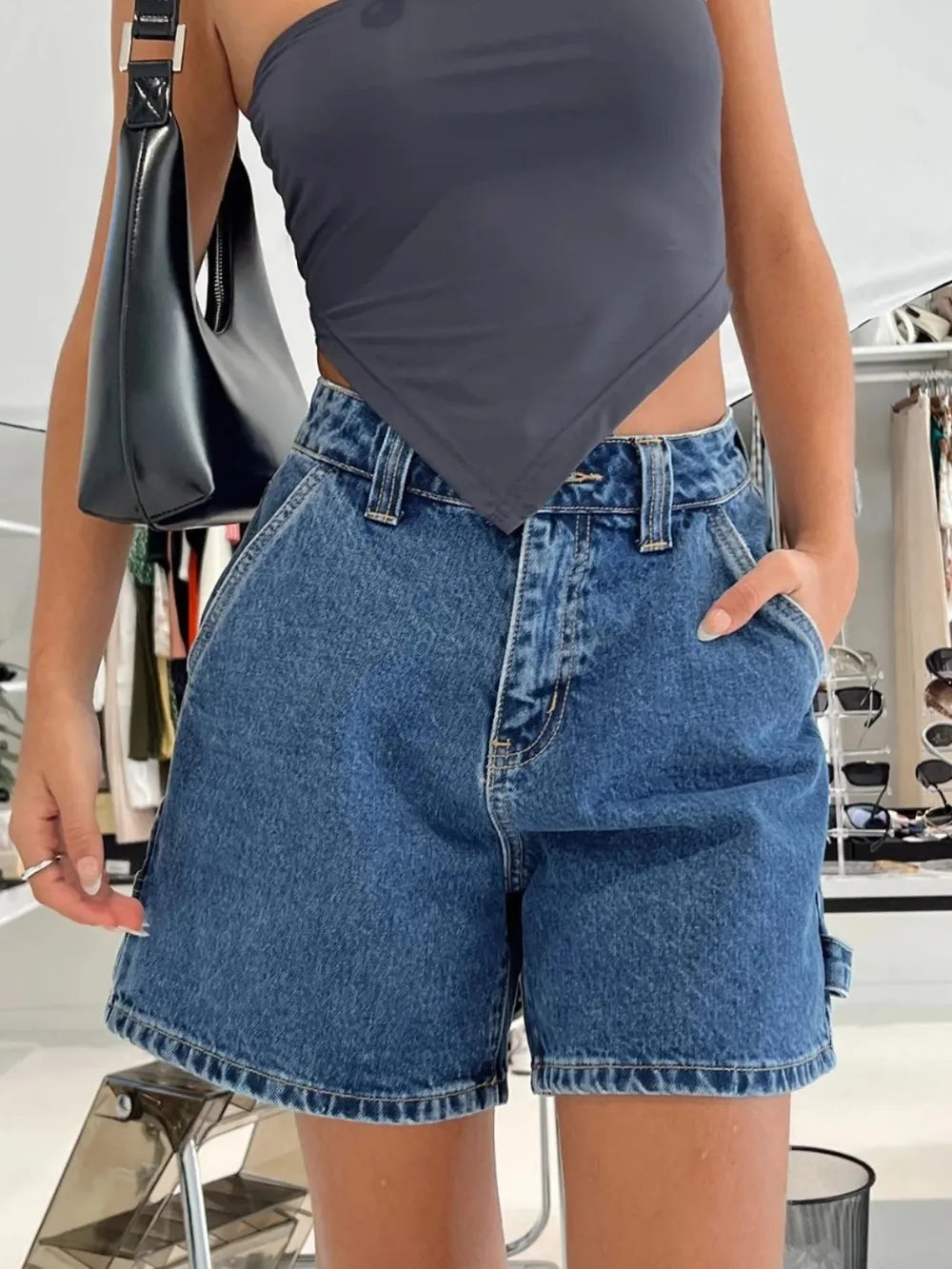 Washed High Rise Denim Shorts - Korvel