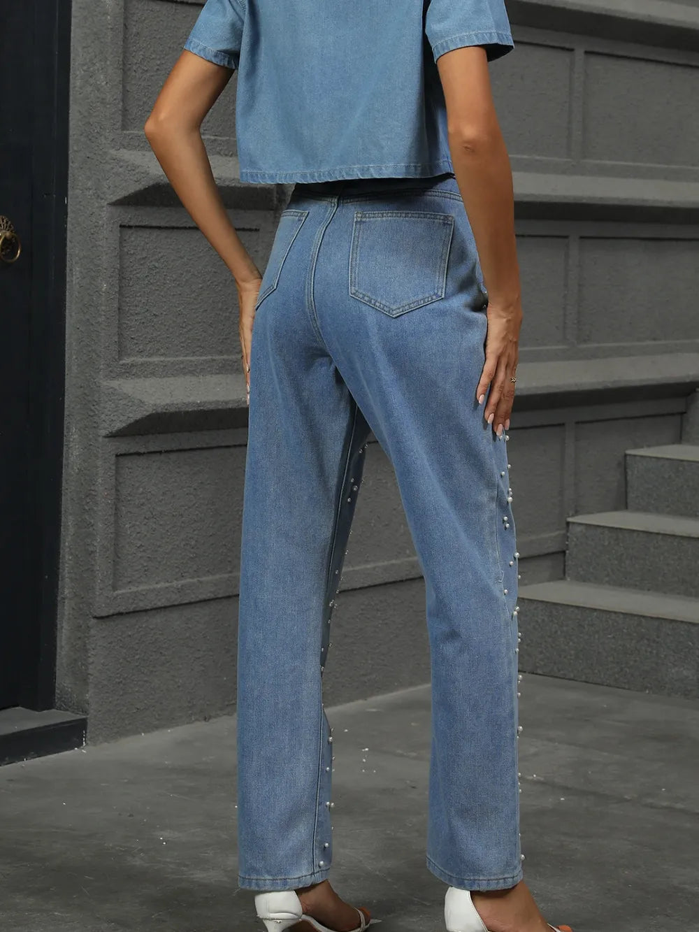 Washed pearl denim straight leg pants - Korvel