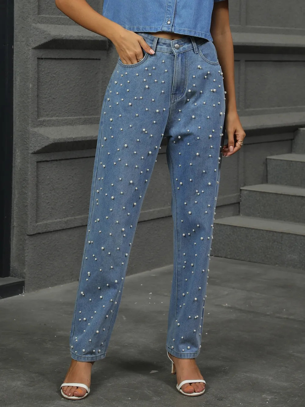 Washed pearl denim straight leg pants - Korvel