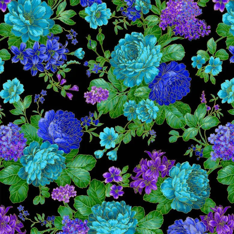 Tela de algodón de fondo ancho Bouquet Opulento Negro - Calidad Premium