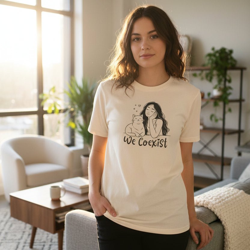 We Coexist T-Shirt – Minimalist Cat Lover Graphic Tee