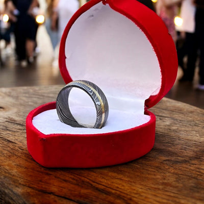 Artisan Crafted Damascus Steel Engagement Ring with Brass Inlay - Korvel