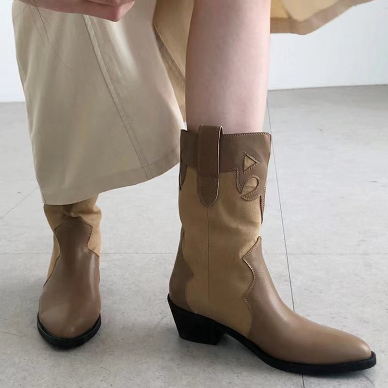 Western Cowboy Boots Summer Thin Women's Korean Fashion Splicing Pointed Retro Look Skinny Thick Heel Mid heeled Short Boots - Korvel