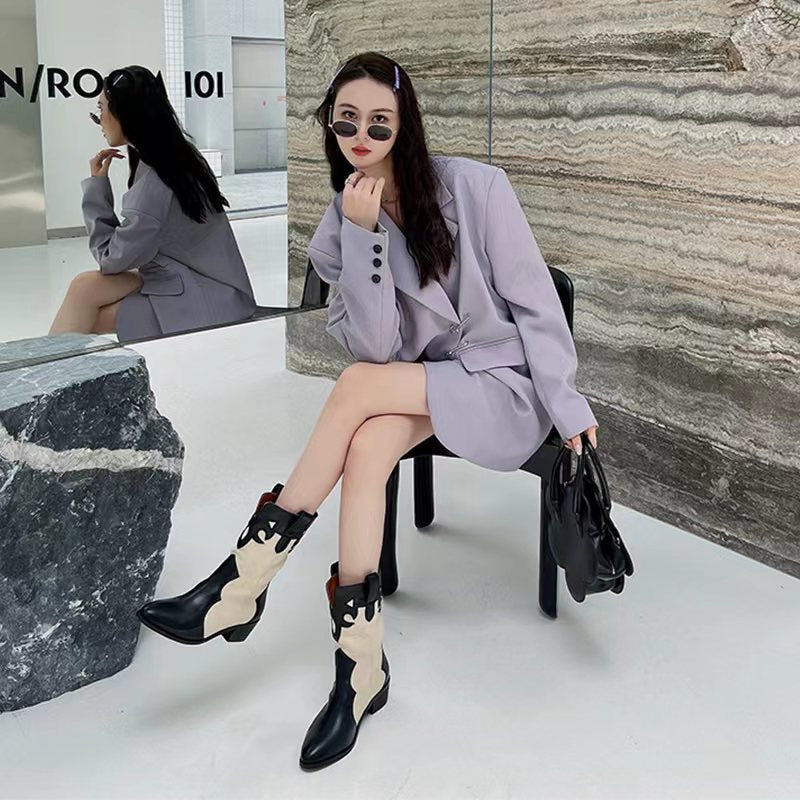 Western Cowboy Boots Summer Thin Women's Korean Fashion Splicing Pointed Retro Look Skinny Thick Heel Mid heeled Short Boots - Korvel