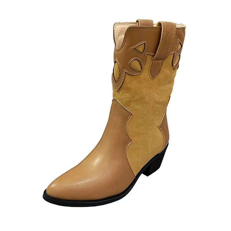 Western Cowboy Boots Summer Thin Women's Korean Fashion Splicing Pointed Retro Look Skinny Thick Heel Mid heeled Short Boots - Korvel