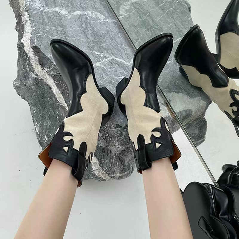 Western Cowboy Boots Summer Thin Women's Korean Fashion Splicing Pointed Retro Look Skinny Thick Heel Mid heeled Short Boots - Korvel