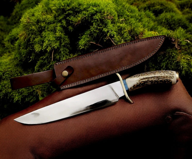 Premium Western Bowie Knife with Antler Handle – 13.5" High-Carbon Steel Blade Featuring Turquoise Accents - Korvel