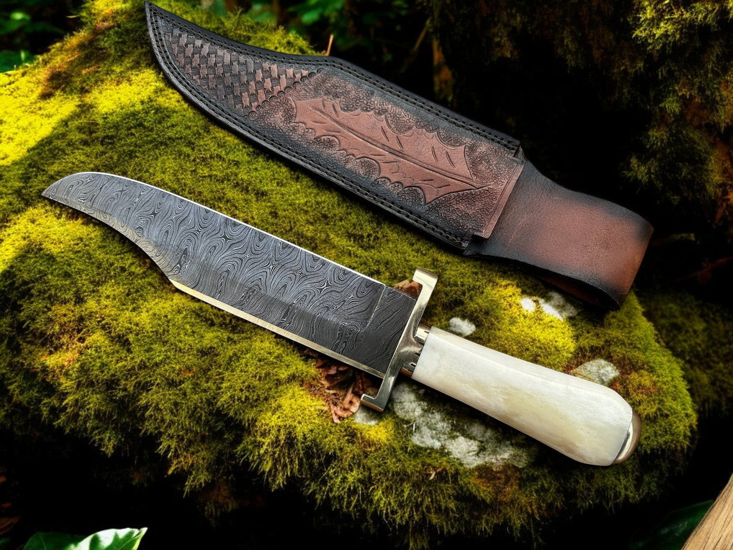 Custom Handmade W49 Bowie Knife – Damascus Steel Blade with Elegant Bone Handle - Korvel