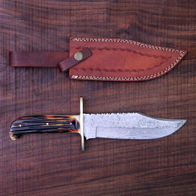 Custom Handmade 15-Inch Damascus Steel Bowie Knife with Bone Handle - Korvel