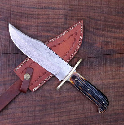 Custom Handmade 15-Inch Damascus Steel Bowie Knife with Bone Handle - Korvel
