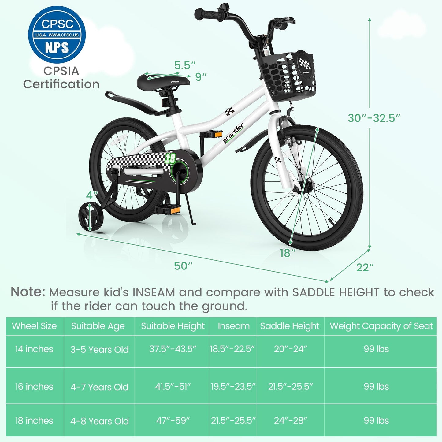 18 Feet Kids Bike with Removable Training Wheels - Black & White