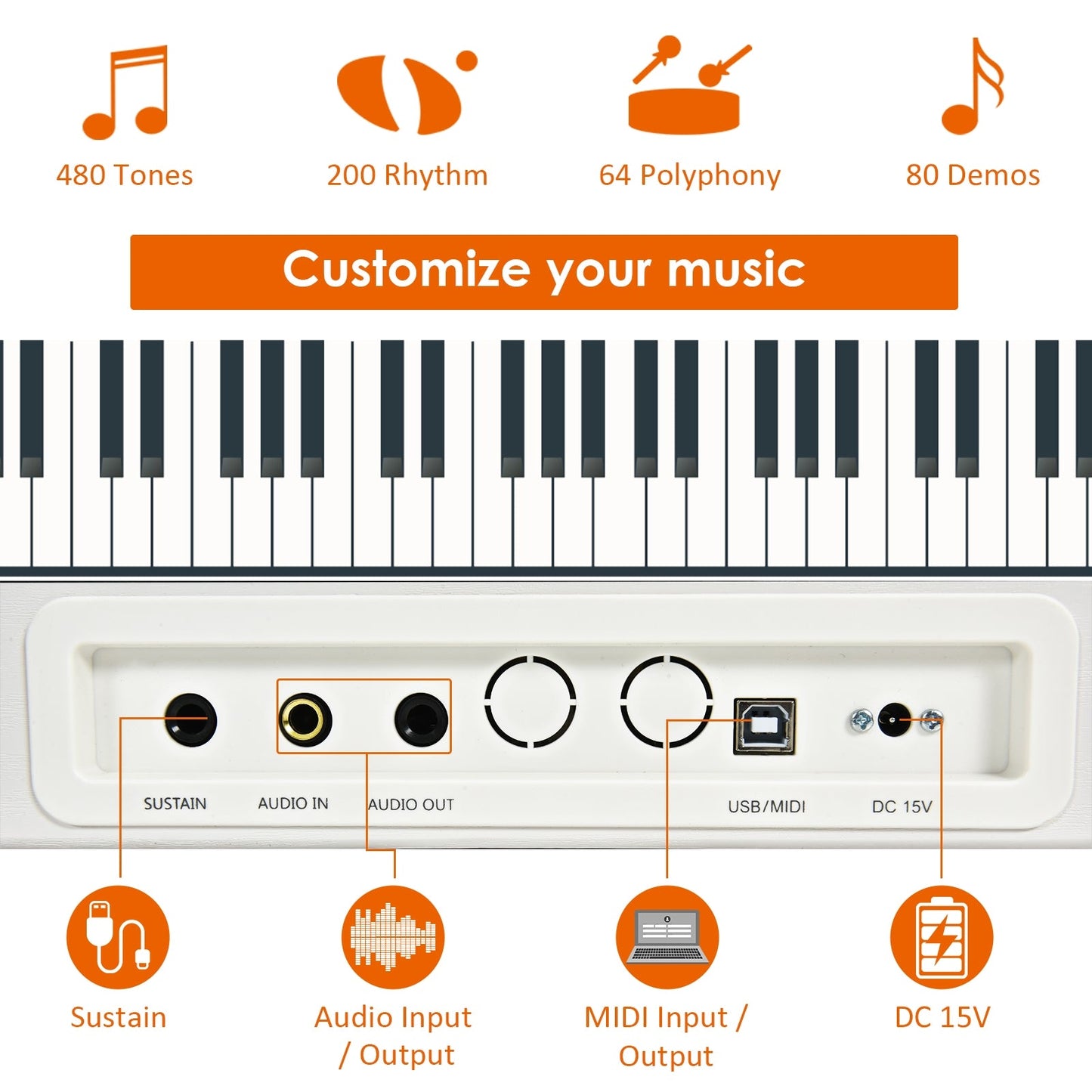 Piano Digital de 88 Teclas de Tamaño Completo con Teclado Pesado - Blanco