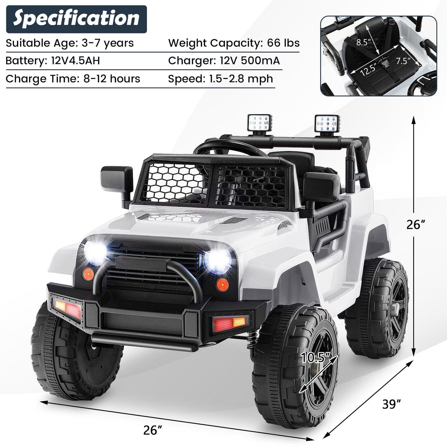 Camion pour enfants 12V avec télécommande - Blanc
