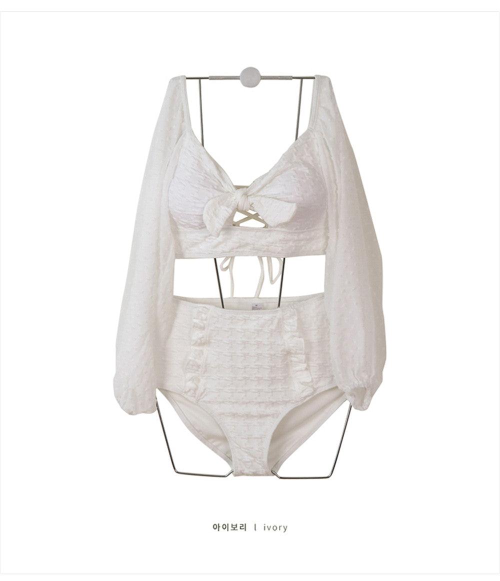 Elegant White High Waist Bikini Set with Sheer Mesh Top