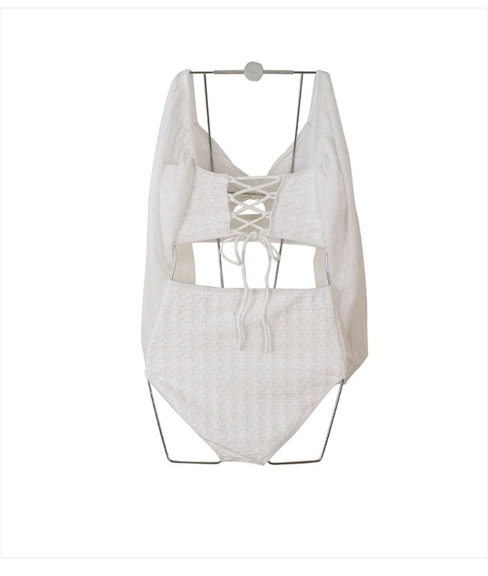 Elegant White High Waist Bikini Set with Sheer Mesh Top