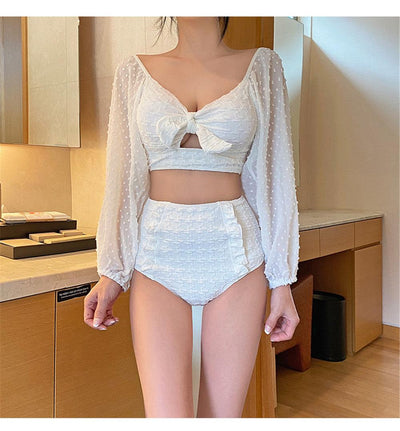Elegant White High Waist Bikini Set with Sheer Mesh Top