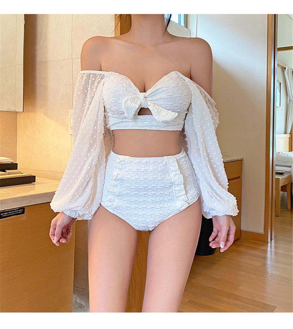 Elegant White High Waist Bikini Set with Sheer Mesh Top