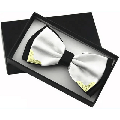 Elegant White Polyester Butterfly Bowtie with Metal Corners