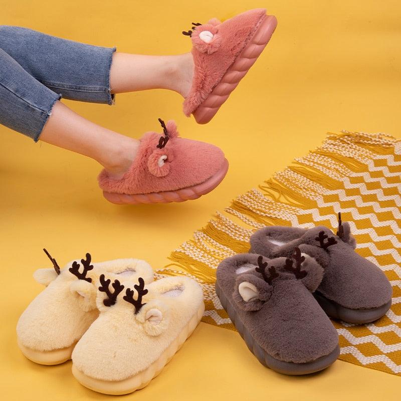 Cozy White Fuzzy Slippers with Antler Design for Women