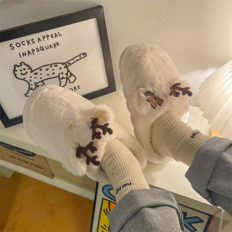 Cozy White Fuzzy Slippers with Antler Design for Women
