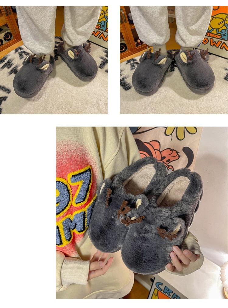 Cozy White Fuzzy Slippers with Antler Design for Women