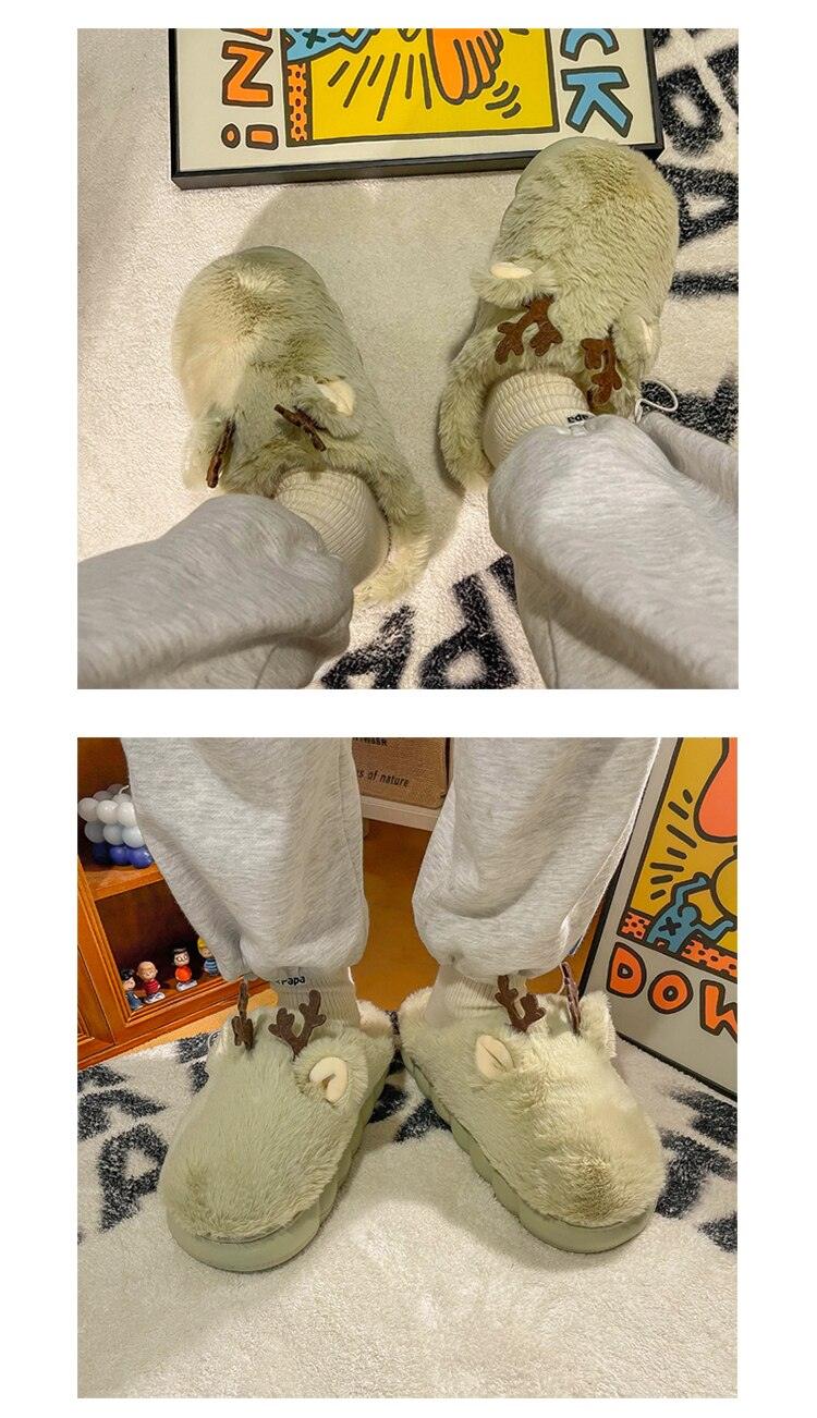 Cozy White Fuzzy Slippers with Antler Design for Women