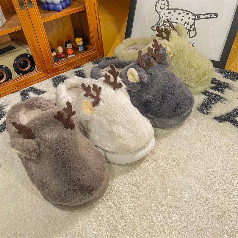 Cozy White Fuzzy Slippers with Antler Design for Women